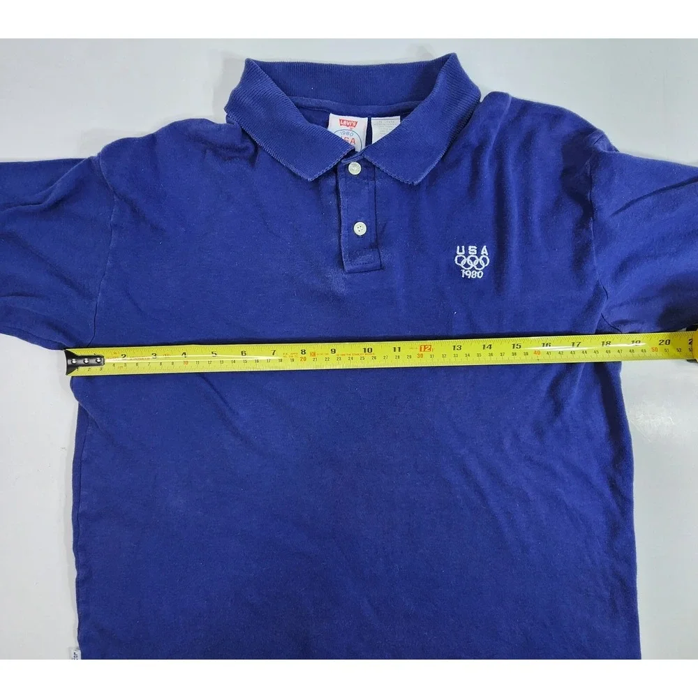 Vintage 1980 Levis Olympic Games Blue Polo Shirt Made in USA Size Large Single S